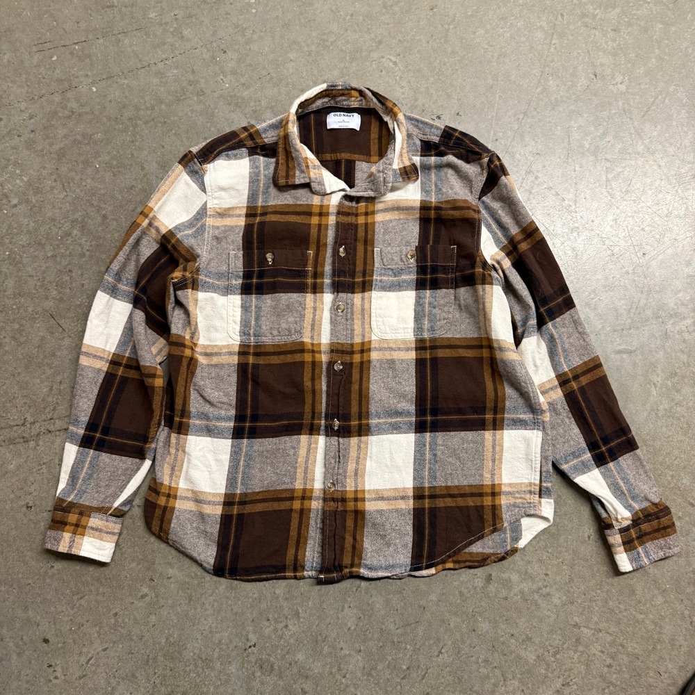 Old Navy Mens XL Double Brushed Flannel Shirt Brown Tan Plaid Button Down 2058